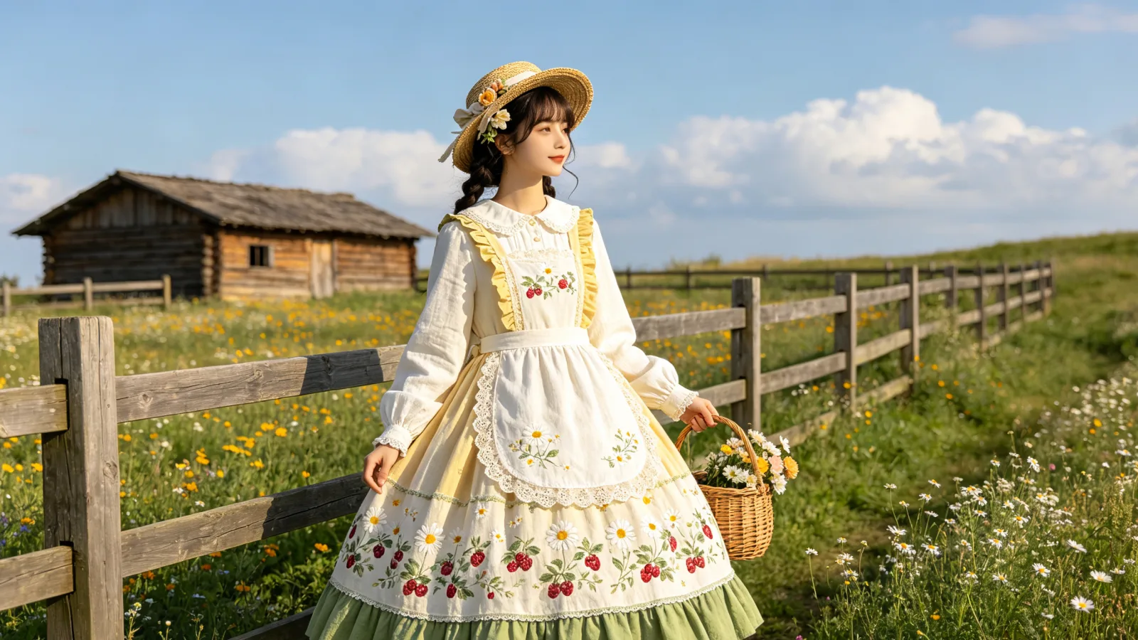 Country Lolita — 棉麻触感、小花刺绣与自然色调弱化隆重感，让完整廓形适合更松弛的户外场景。
