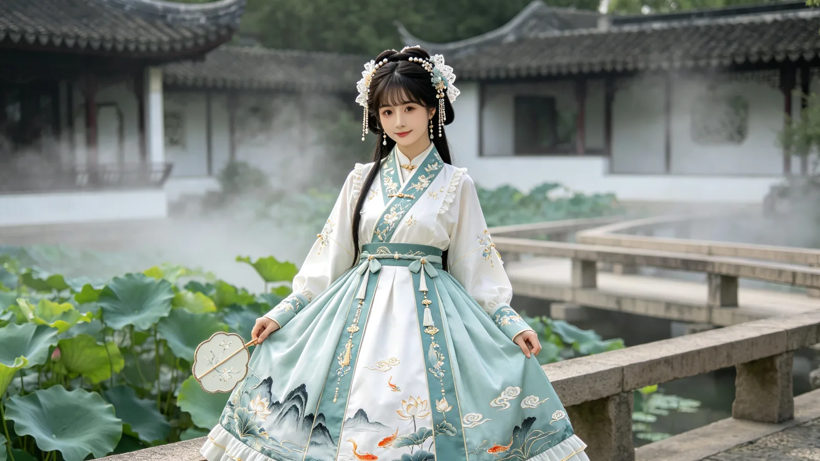 Wa Lolita — 和服式交领、腰封与季节纹样融入蓬裙结构，气质清雅，层次含蓄而完整。